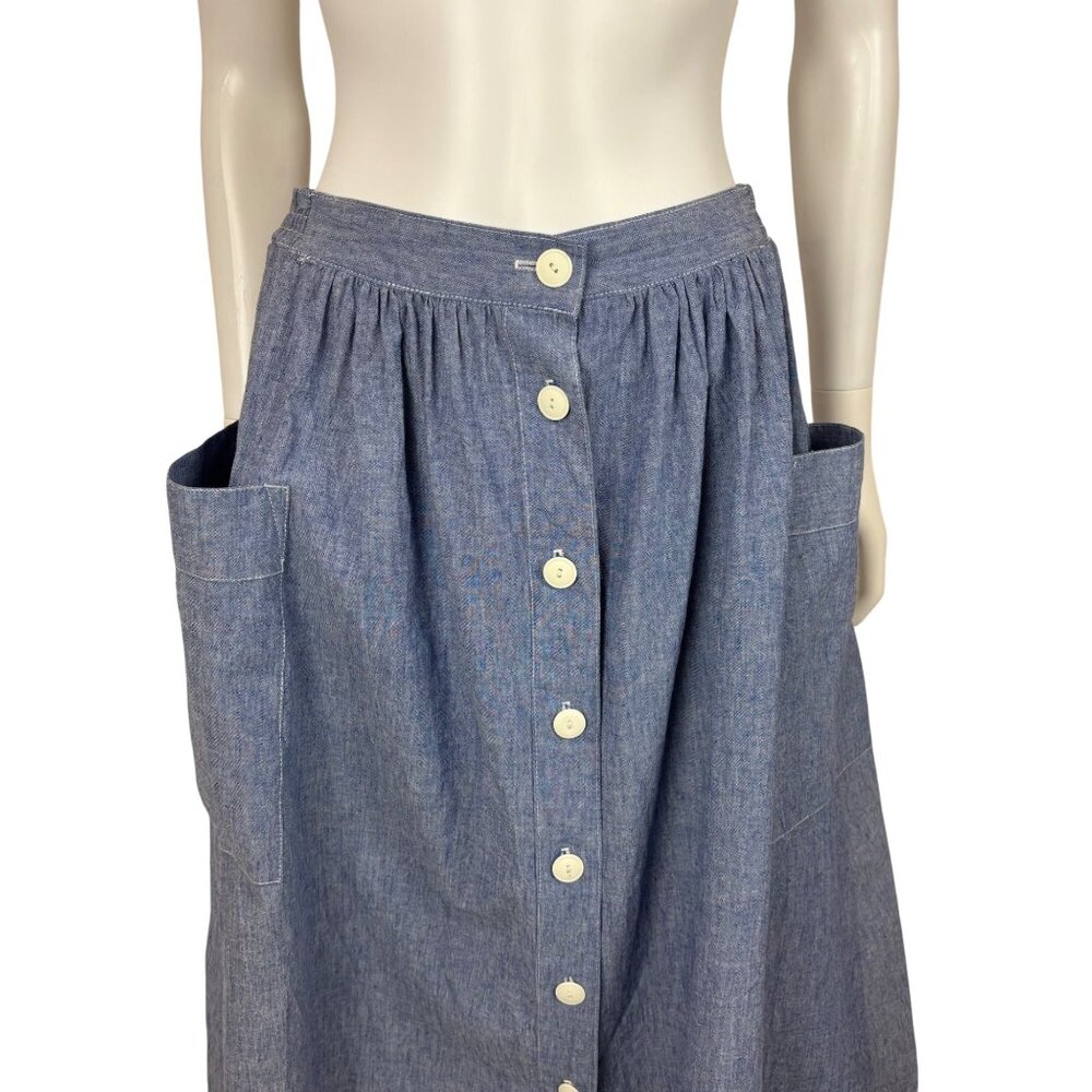Vintage 80s Chambray Skirt Womens Small Blue Fit & Flare Button Down Hip Pockets - Picture 3 of 10